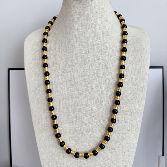 Liz Claiborne Vtg Black And Gold Regal Glam Beaded Necklace Bold Statement 28” - Picture 1 of 9